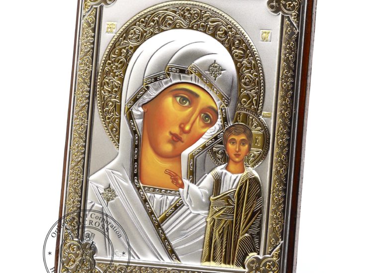 Medium Wooden Russian Orthodox Icon Mother Of God Kazan. Silver Plated .999 Oklad Riza ( 5.12″ X 7.1″ ) 13cm X 18cm