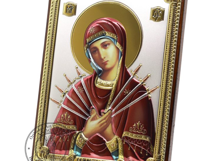 Medium Wooden Russian Orthodox Icon Mother Of God Seven Arrows. Silver Plated .999 Oklad Riza ( 5.12″ X 7.1″ ) 13cm X 18cm