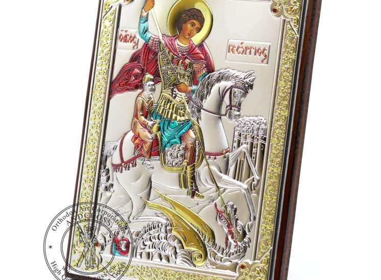 Medium Wooden Russian Orthodox Icon St George Warrior. Silver Plated .999 Oklad Riza ( 5.12″ X 7.1″ ) 13cm X 18cm