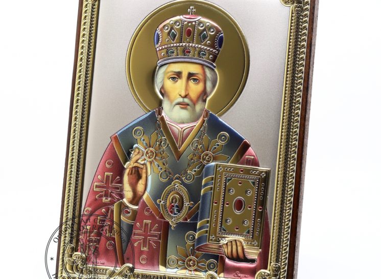 Medium Wooden Russian Orthodox Icon St Nicholas Wonderworker. Silver Plated .999 Oklad Riza ( 5.12″ X 7.1″ ) 13cm X 18cm