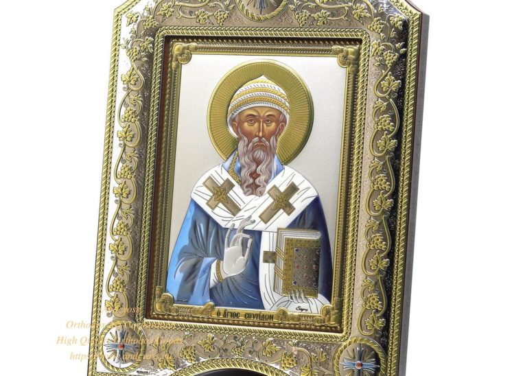 The Great Miraculous Christian Orthodox Silver Icon The Saint Spyridon Bishop of Trimythous 21×28/Gold and silver version/Frame with glass