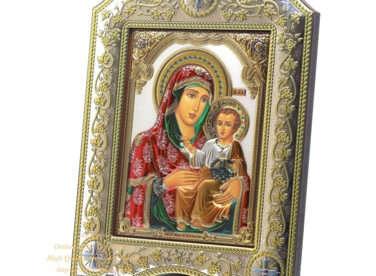 The Great Miraculous Christian Orthodox icon-Of Virgin Mary Of Jerusalem. 21cmx28cm Gold and Silver Version. Coloured/Frame with glass