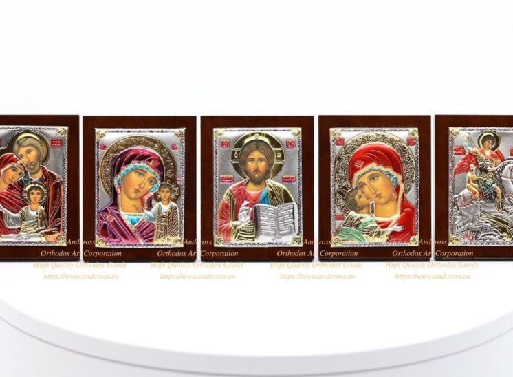 Set of 5 Small Russian Orthodox Icons Lord Jesus Christ Mother of God Kazan Mother of God Vladimir Holy Family St George. Silver Plated .999