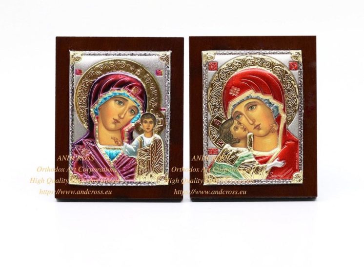 Set of 2 Small Russian Orthodox Icons Mother of God Kazan, Mother of God Vladimir. Silver Plated .999 ( 6cm X 4cm )