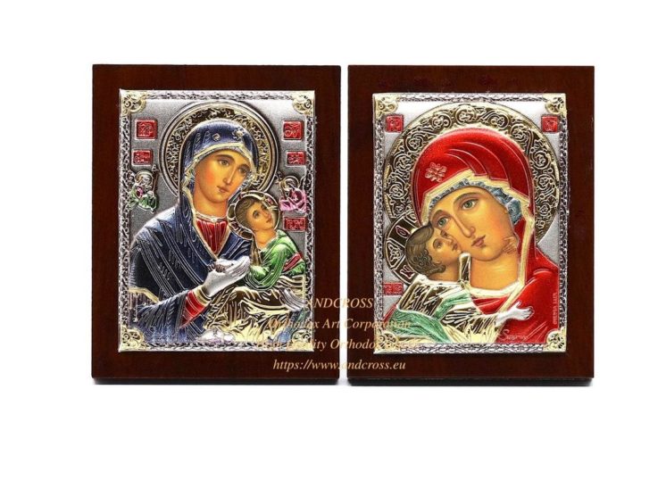 Set of 2 Small Russian Orthodox Icons Mother of God Amolyntos, Mother of God Vladimir. Silver Plated .999 ( 6cm X 4cm )