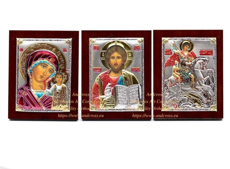 Set of 3 Small Russian Orthodox Icons Lord Jesus Christ, Mother of God Kazan, St George Warrior. Silver Plated .999 ( 6cm X 4cm )