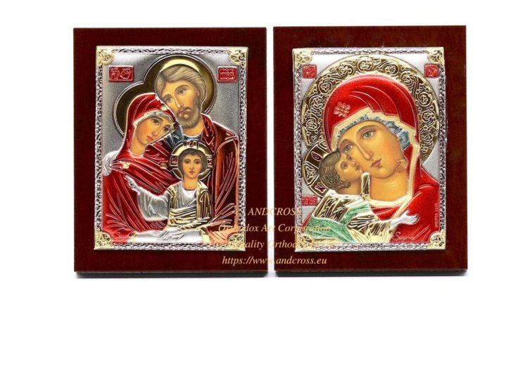Set of 2 Small Russian Orthodox Icons Mother of God Vladimir, Holy Family. Silver Plated .999 ( 6cm X 4cm )