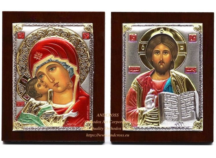 Set of 2 Small Russian Orthodox Icons Mother of God Vladimir, Lord Jesus Christ. Silver Plated .999 ( 6cm X 4cm )