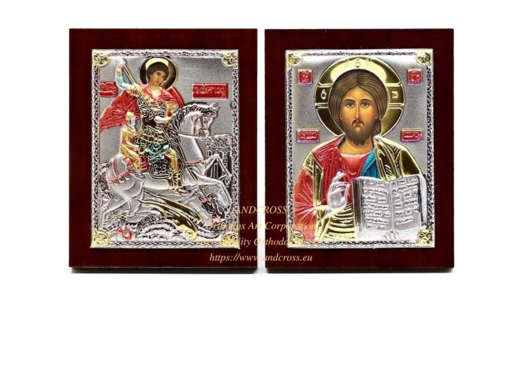 Silver Plated Orthodox Icons St George Warrior, Lord Jesus Christ