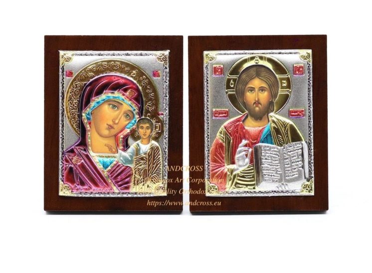 Set of 2 Small Russian Orthodox Icons Mother of God Kazan, Christ Pantocrator. Silver Plated .999 ( 6cm X 4cm )