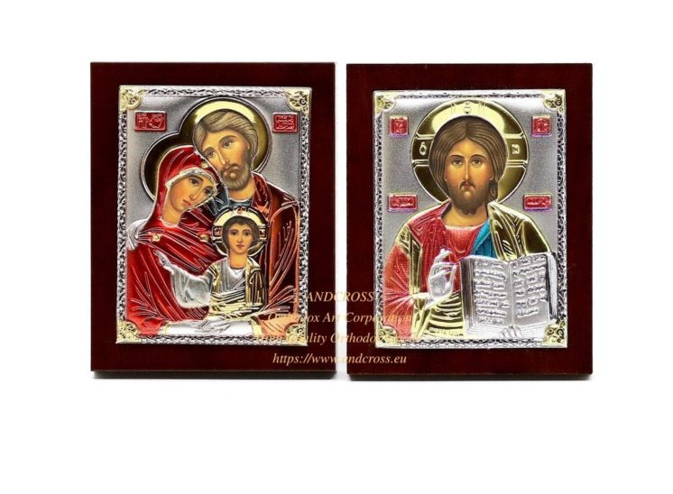 Set of 2 Small Russian Orthodox Icons Holy Family, Christ Pantocrator. Silver Plated .999 ( 6cm X 4cm )