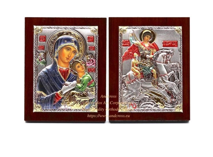 Set of 2 Small Russian Orthodox Icons Mother of God Amolyntos, St George Warrior. Silver Plated .999 ( 6cm X 4cm )