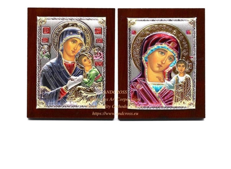 Set of 2 Small Russian Orthodox Icons Mother of God Amolyntos, Mother of God Kazan. Silver Plated .999 ( 6cm X 4cm )