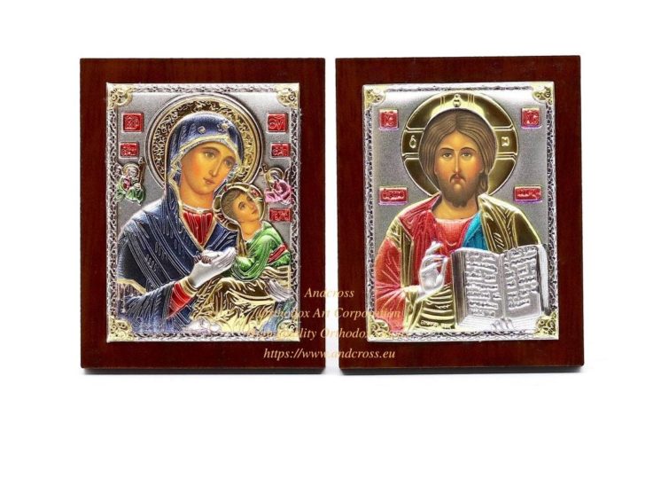 Set of 2 Small Russian Orthodox Icons Mother of God Amolyntos, Christ Pantocrator. Silver Plated .999 ( 6cm X 4cm )