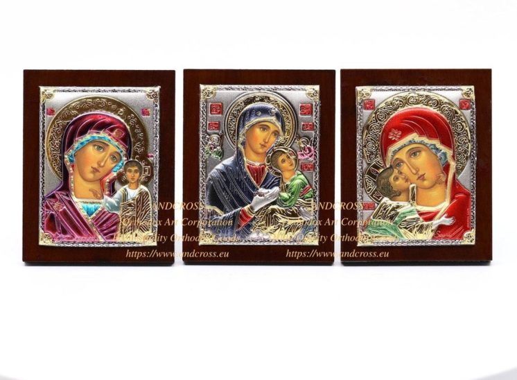Set of 3 Small Russian Orthodox Icons Mother of God Amolyntos, Mother of God Kazan, Mother of God Vladimir. Silver Plated .999 ( 6cm X 4cm )
