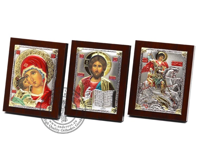 Set of 3 Small Russian Orthodox Icons Lord Jesus Christ, Mother of God Vladimir, St George Warrior. Silver Plated .999 ( 6cm X 4cm )