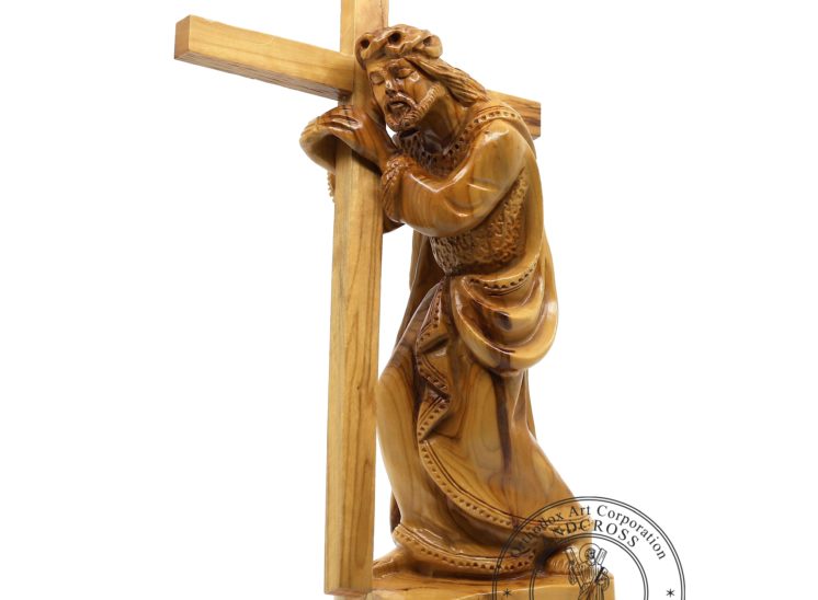 Large Hand Carved Jesus Holding The Cross Statue. Bethlehem’s Olive Wood. Made in Israel