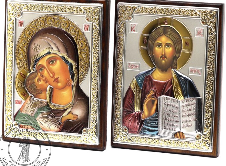 Set Of Russian Orthodox Icons Lord Jesus Christ Pantocrator + Mother Of God Vladimir. Silver Plated .999 Oklad ( 3.1″ X 4.3″ ) 8cm X 11cm