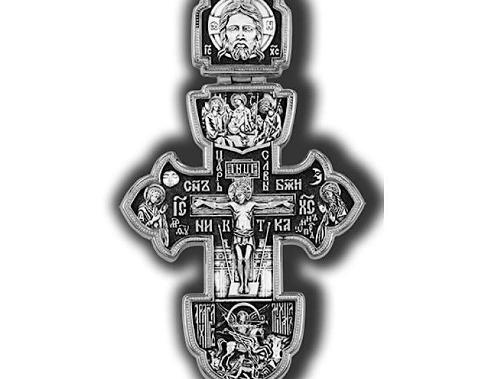 On the obverse of the cross is the Crucifixion of our Lord Jesus Christ. The Holy Mother of God and the Prophet John the Baptist, the Baptist of the Lord, are standing on His side in the Deesis (prayer for the people) on both sides. Top - Holy Trinity. This is the image of the Triune God, who appeared in the form of the three angels to the forefather Abraham. On the ear is placed the Hand-to-hand image of the Savior, one of the most powerful protective symbols of Orthodoxy. On the bottom stamp - the image of the Archangel Michael. The Archangel of the Heavenly host leads an implacable war against the forces of evil, protects the gates of paradise and protects the souls of men. On the reverse side of the cross - a short prayer addressed to the Lord: “Save and keep” and the prayer to the Life-giving Cross of the Lord: “We bow to Your Cross, Vladyka, and glorify Your Holy Resurrection. The lower stamp depicts the Holy Prince Alexander Nevsky, who is revered as a defender of Orthodox Christians and a patron of warriors. In the top of the cross we see an anchor, the oldest Christian symbol of hope and salvation. The very shape of the cross is also made in the form of an anchor. This product was consecrated on the particles of the relics of St. George the Victorious.