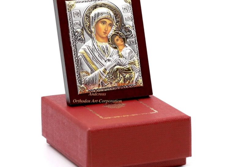 Small Russian Orthodox Icon Holy Virgin Mary Panagia Amolyntos. Silver Plated .999 ( 6cm X 4cm )