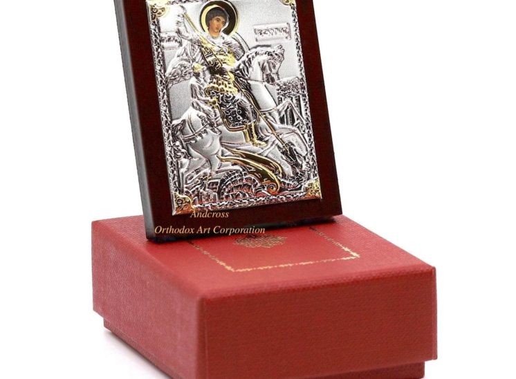 Small Russian Orthodox Icon St George Warrior The Victory Bearer . Silver Plated .999 ( 6cm X 4cm )