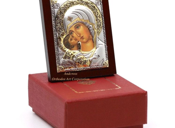 Small Russian Orthodox Icon Mother Of God Vladimir. Silver Plated .999 ( 6cm X 4cm )
