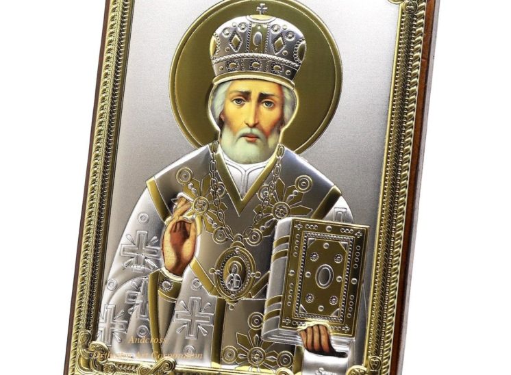 Medium Wooden Russian Orthodox Icon St Nicholas Wonderworker. Silver Plated .999 Oklad Riza ( 5.12″ X 7.1″ ) 13cm X 18cm