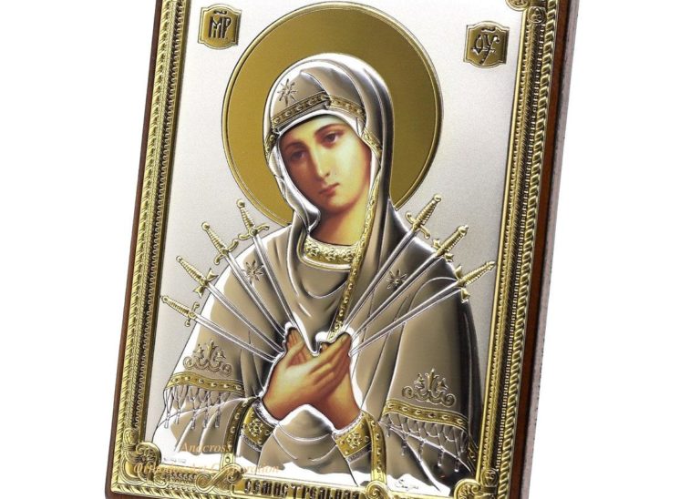 Medium Wooden Russian Orthodox Icon Mother Of God Seven Arrows. Silver Plated .999 Oklad Riza ( 5.12″ X 7.1″ ) 13cm X 18cm
