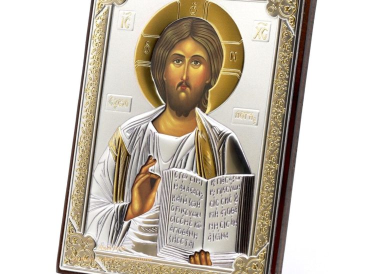 Medium Wooden Russian Orthodox Icon Lord Jesus Christ Pantocrator. Silver Plated .999 Oklad Riza ( 5.12″ X 7.1″ ) 13cm X 18cm