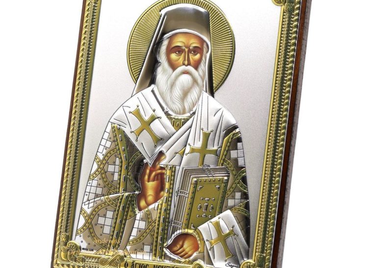 Medium Wooden Russian Orthodox Icon St Nektarios. Silver Plated .999 Oklad Riza ( 5.12″ X 7.1″ ) 13cm X 18cm