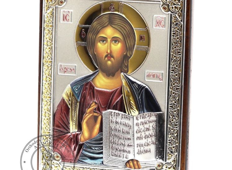 Medium Wooden Russian Orthodox Icon Lord Jesus Christ Pantocrator. Silver Plated .999 Oklad Riza ( 3.1″ X 4.3″ ) 8cm X 11cm