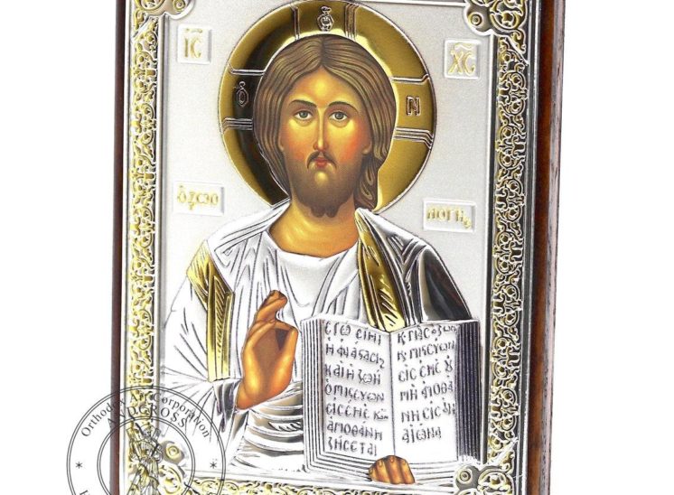 Medium Wooden Russian Orthodox Icon Lord Jesus Christ Pantocrator. Silver Plated .999 Oklad Riza ( 3.1″ X 4.3″ ) 8cm X 11cm