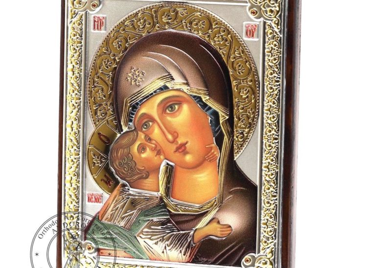 Medium Wooden Russian Orthodox Icon Mother Of God Vladimir. Silver Plated .999 Oklad Riza ( 3.1″ X 4.3″ ) 8cm X 11cm