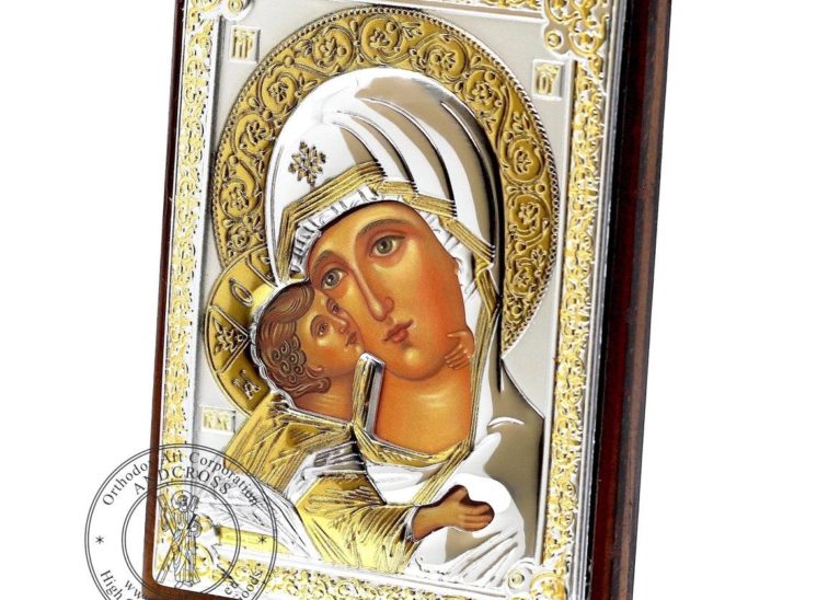 Medium Wooden Russian Orthodox Icon Mother Of God Vladimir. Silver Plated .999 Oklad Riza ( 3.1″ X 4.3″ ) 8cm X 11cm