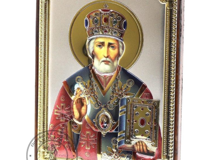 Medium Wooden Russian Orthodox Icon St Nicholas Wonderworker. Silver Plated .999 Oklad Riza ( 3.1″ X 4.3″ ) 8cm X 11cm