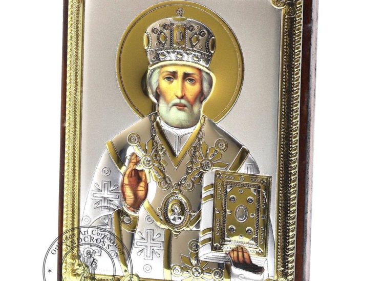 Medium Wooden Russian Orthodox Icon St Nicholas Wonderworker. Silver Plated .999 Oklad Riza ( 3.1″ X 4.3″ ) 8cm X 11cm