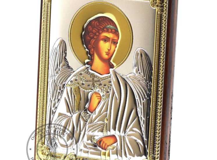 Medium Wooden Russian Orthodox Icon Guardian Angel. Silver Plated .999 Oklad Riza ( 3.1″ X 4.3″ ) 8cm X 11cm