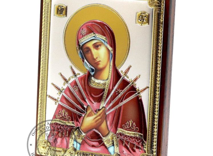 Medium Wooden Russian Orthodox Icon Mother Of God Seven Arrows. Silver Plated .999 Oklad Riza ( 3.1″ X 4.3″ ) 8cm X 11cm