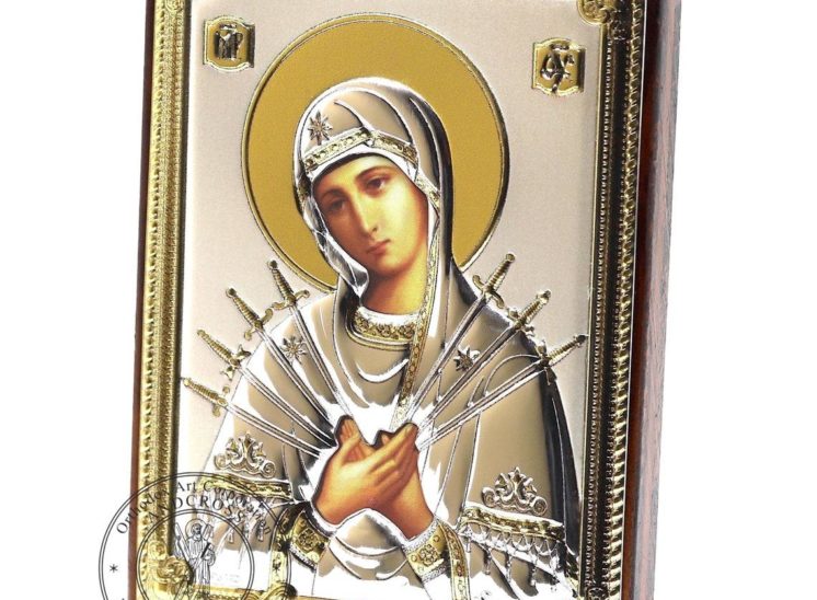 Medium Wooden Russian Orthodox Icon Mother Of God Seven Arrows. Silver Plated .999 Oklad Riza ( 3.1″ X 4.3″ ) 8cm X 11cm
