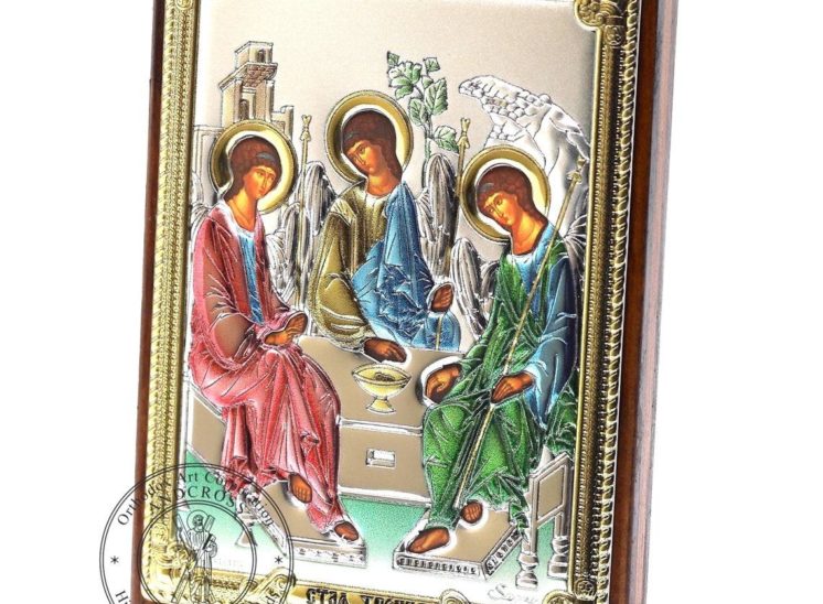 Medium Wooden Russian Orthodox Icon Holy Trinity. Silver Plated .999 Oklad Riza ( 3.1″ X 4.3″ ) 8cm X 11cm