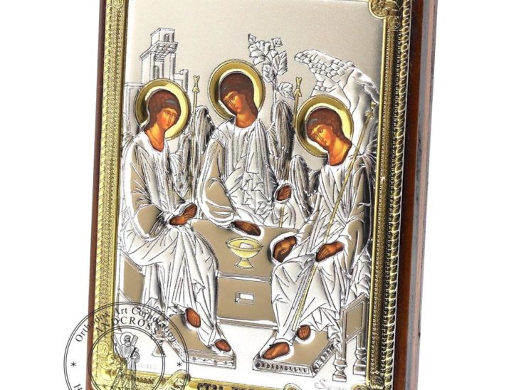 Medium Wooden Russian Orthodox Icon Holy Trinity. Silver Plated .999 Oklad Riza ( 3.1″ X 4.3″ ) 8cm X 11cm
