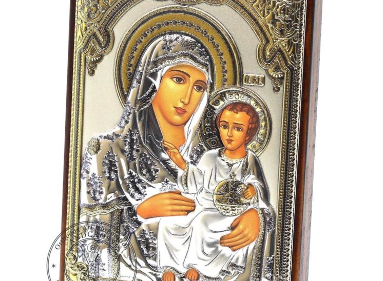 Medium Wooden Russian Orthodox Icon Mother Of God Bethlehem. Silver Plated .999 Oklad Riza ( 3.1″ X 4.3″ ) 8cm X 11cm