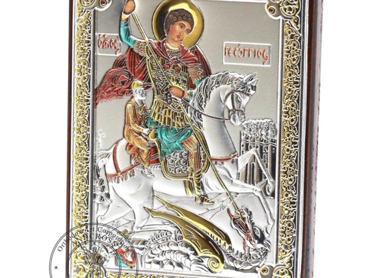 Medium Wooden Russian Orthodox Icon St George Warrior. Silver Plated .999 Oklad Riza ( 3.1″ X 4.3″ ) 8cm X 11cm