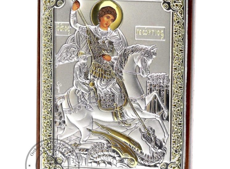 Medium Wooden Russian Orthodox Icon St George Warrior. Silver Plated .999 Oklad Riza ( 3.1″ X 4.3″ ) 8cm X 11cm