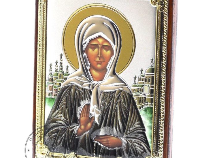 Medium Wooden Russian Orthodox Icon St Matrona Of Moscow. Silver Plated .999 Oklad Riza ( 3.1″ X 4.3″ ) 8cm X 11cm