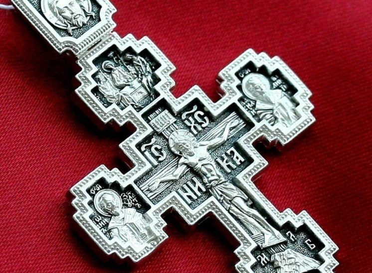 Big Russian Orthodox Body Prayer Cross Silver 925 Mother Of God Pokrov & Saints