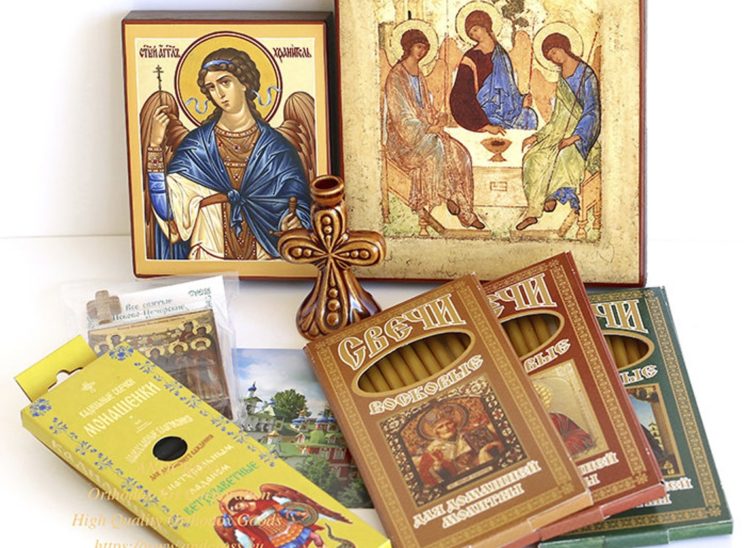 Gift Set Monastery Russian Orthodox Church Quality Wax Candles + Ceramic Holder + Wooden Icons ( 8 special Items )