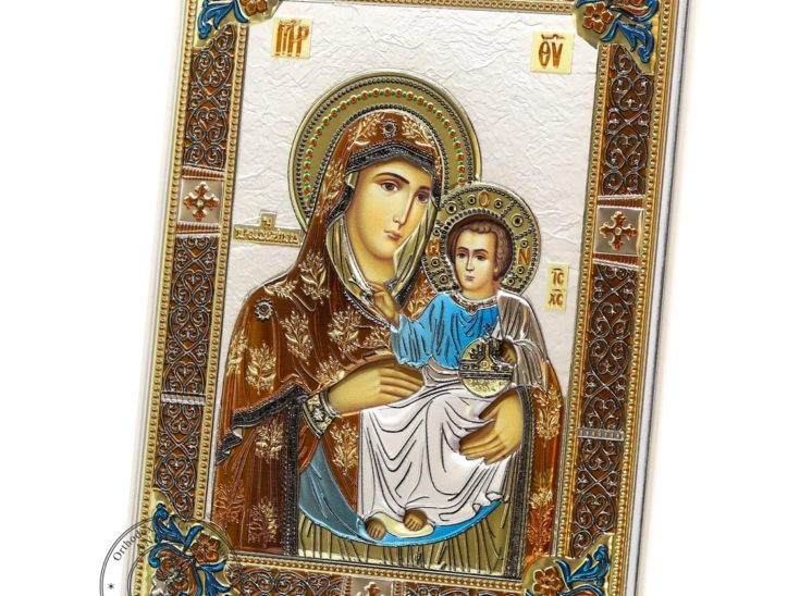The Great Miraculous Christian Orthodox icon-Of Virgin Mary Of Jerusalem. 14.5cmx19.5cm Gold and Silver Version. Coloured.