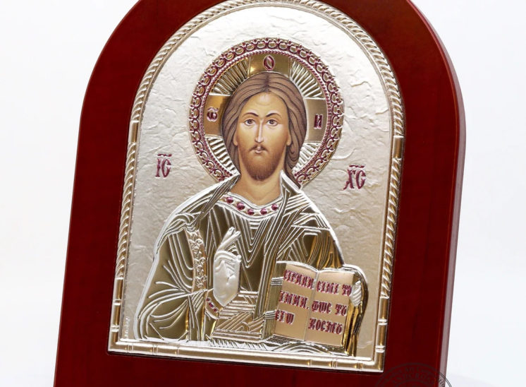 Wooden Oval Orthodox Icon Lord Jesus Christ Pantocrator. Silver Plated .999