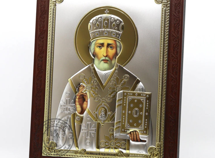 Large Wooden Russian Orthodox Icon St Nicholas Wonderworker. Silver Plated .999 Oklad Riza ( 11.7″ X 9.2″ ) 30cm X 23.5cm